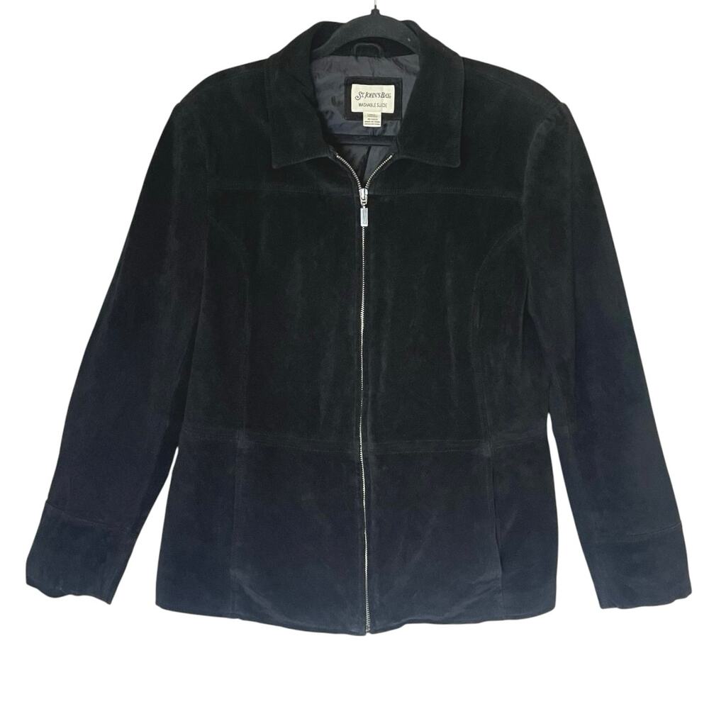 VTG St Johns Bay Washable Suede Leather Jacket Large Black Zip Up Blazer Coat